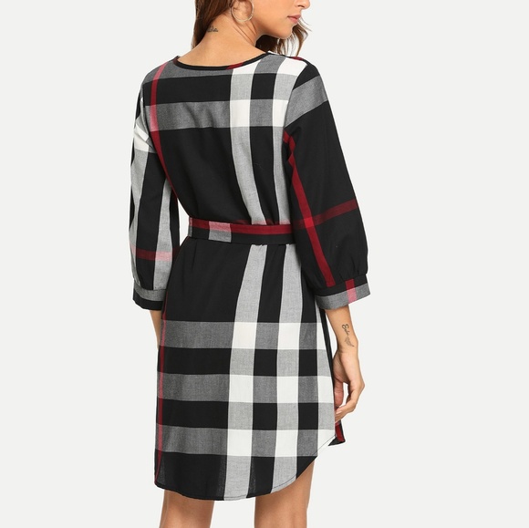 Plaid Belted Shirt Dress Black White Gray & Red - Picture 2 of 8